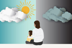 An illustration of a parent and child looking away from a gray sky toward a sunny blue sky
