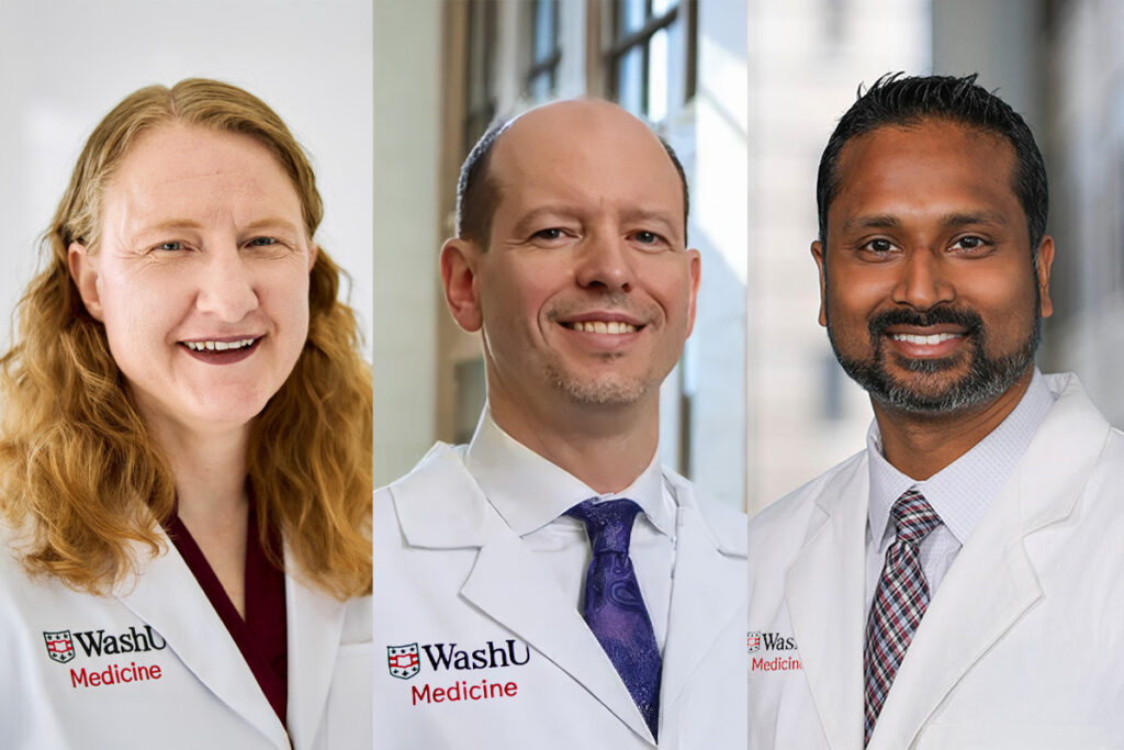 Side-by-side photo of three WashU Medicine faculty members in white coats