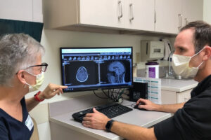 patient and doctor viewing brain scan on screen