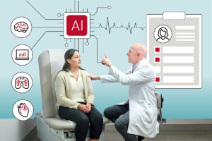 Physician holds up finger for female patient during exam. Meanwhile, the word "AI" and various icons (brain, analytics, lungs and heart) have been added to the left of the patient.