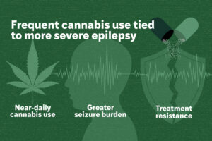 A graphic titled Frequent cannabis use tied to more severe epilepsy. The illustration shows a cannabis leaf indicating near-daily use, a person's head with brain activity spikes indicating seizure burden and a broken pill indicating treatment resistance.