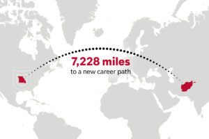 Concept image depicting a dotted line from Afghanistan to WashU Medicine in St. Louis, MO. Text reads, "7,228 miles to a new career path."