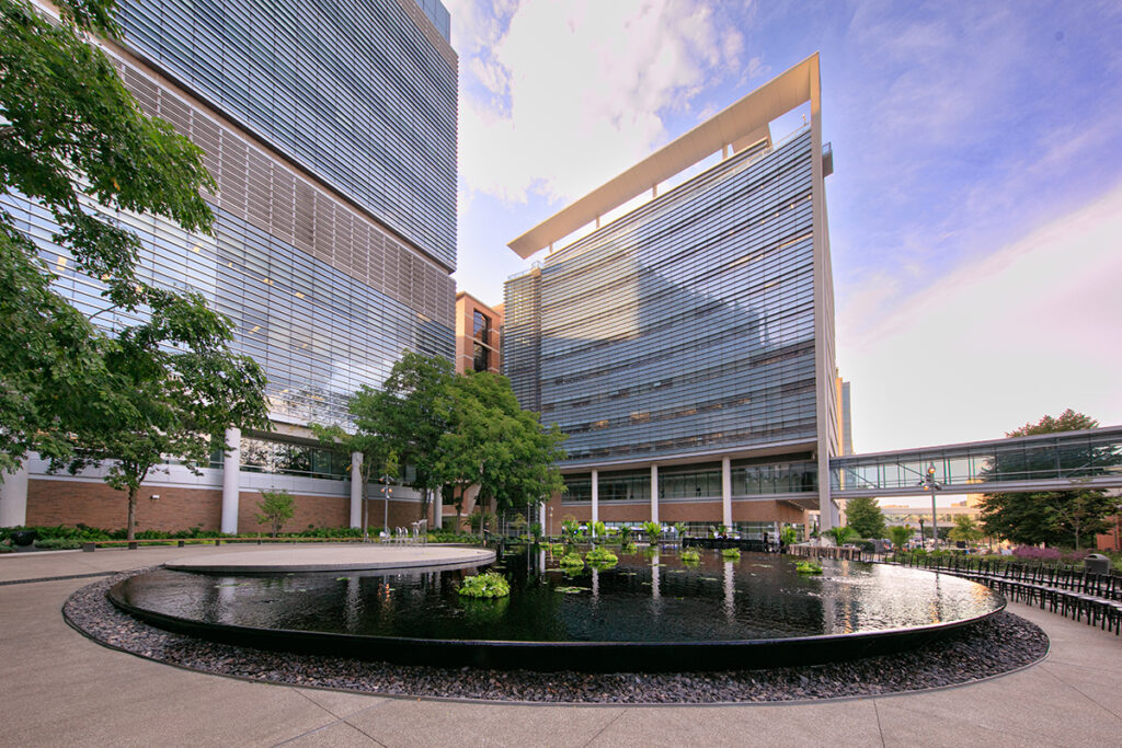 A water feature nearly 80 feet in diameter with a raised platform hovering above an infinity pool.